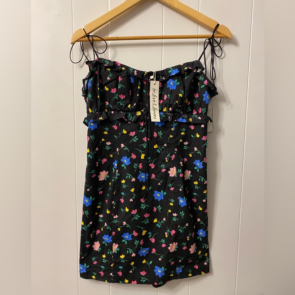 NWT For Love and Lemons Robin Mini Dress Floral Tie Straps Linen Black Frilly - Picture 5 of 16